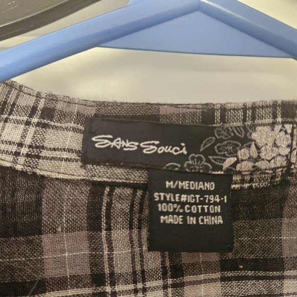 #09 -SANS SOUCI ladies fitted button down navy plaid crop sleeve size M - Picture 4 of 4